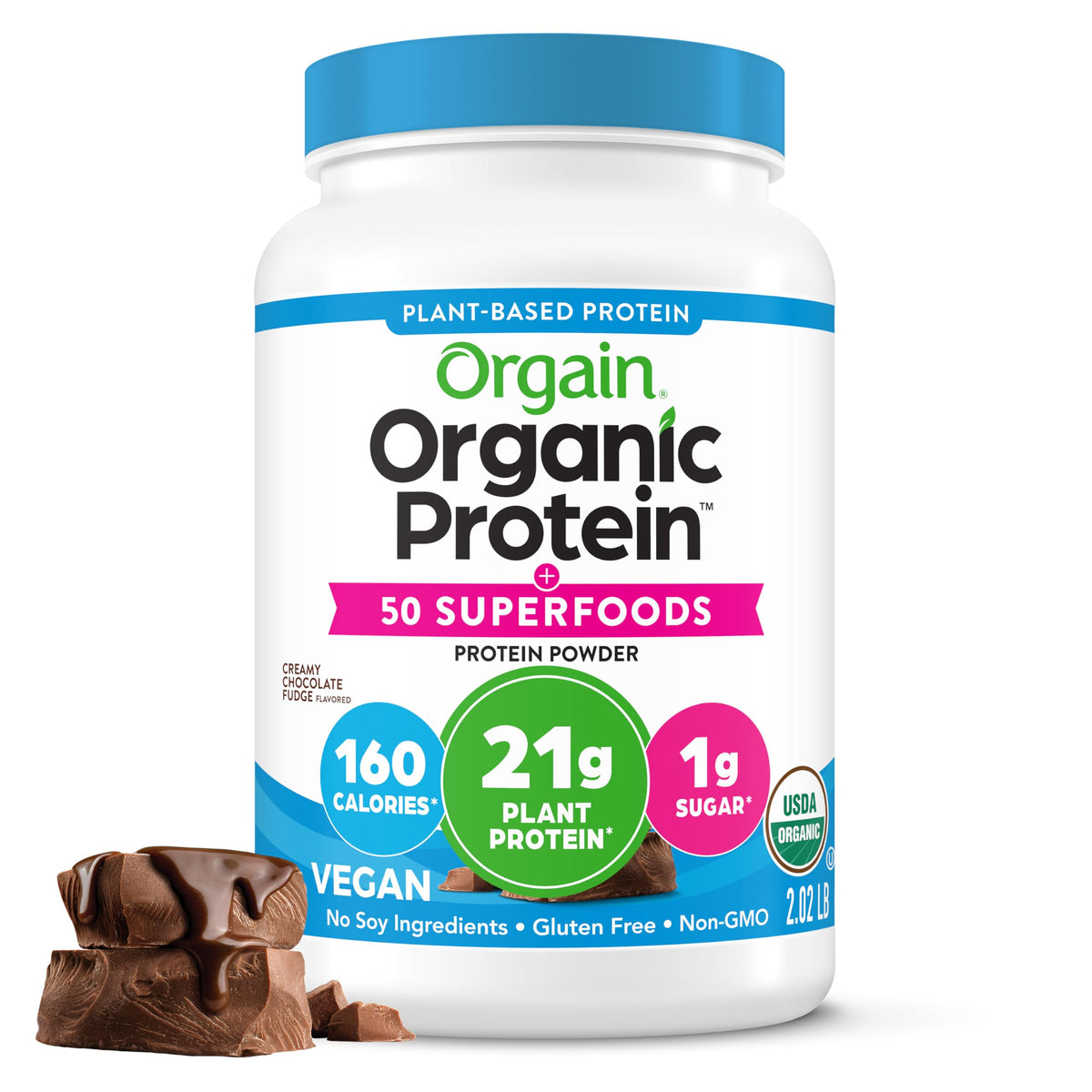 Orgain envase frontal sabor Creamy Chocolate Fudge, presentación clara y llamativa