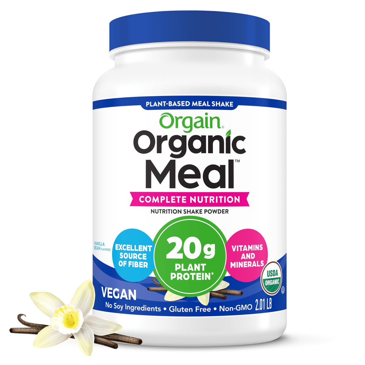 Orgain envase frontal Vainilla mostrando diseño y beneficio nutricional