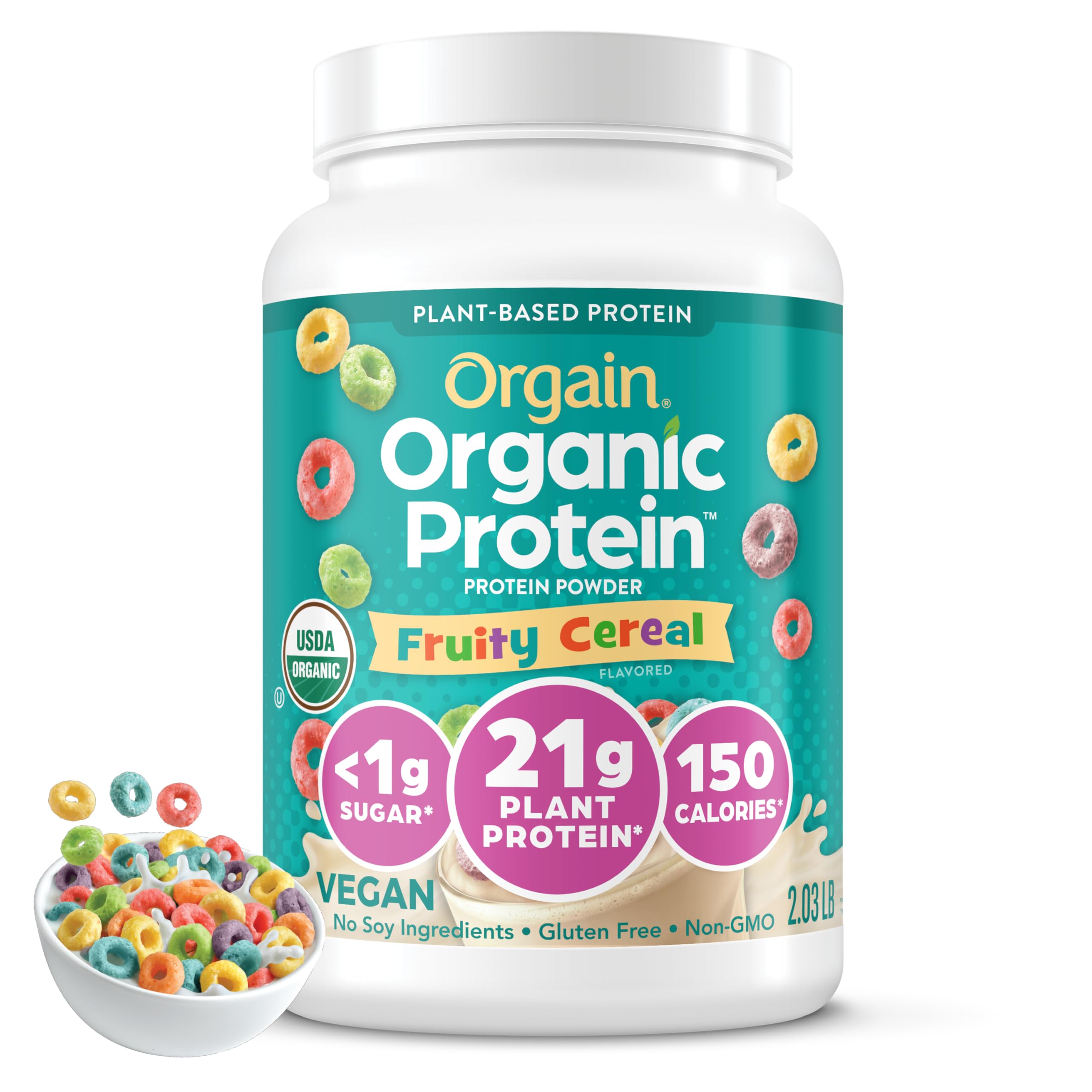 Orgain paquete frontal Fruity Cereal mostrando sello orgánico y beneficio proteico