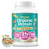 Orgain paquete frontal Fruity Cereal mostrando sello orgánico y beneficio proteico