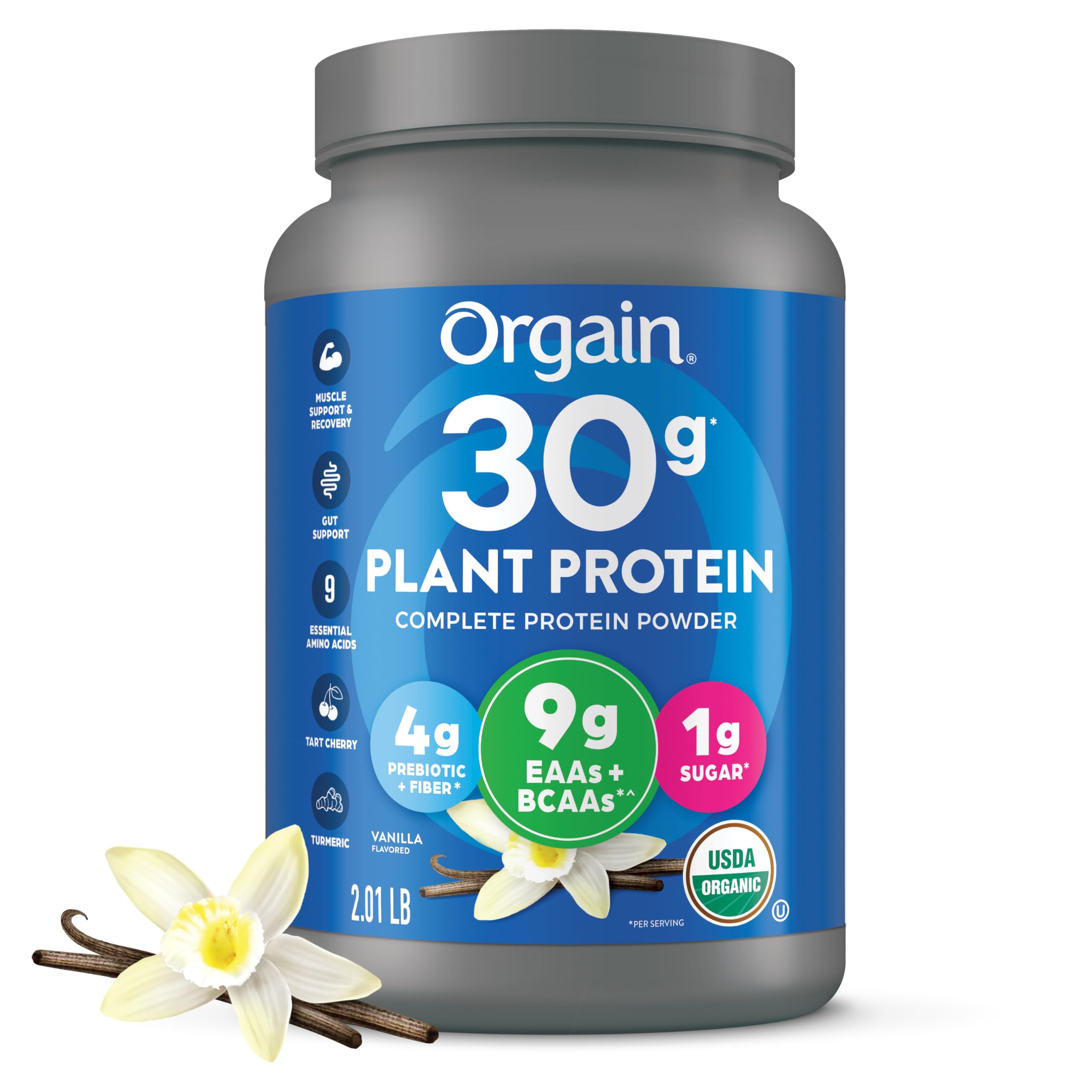 Orgain envase frontal vainilla mostrando etiqueta y beneficios