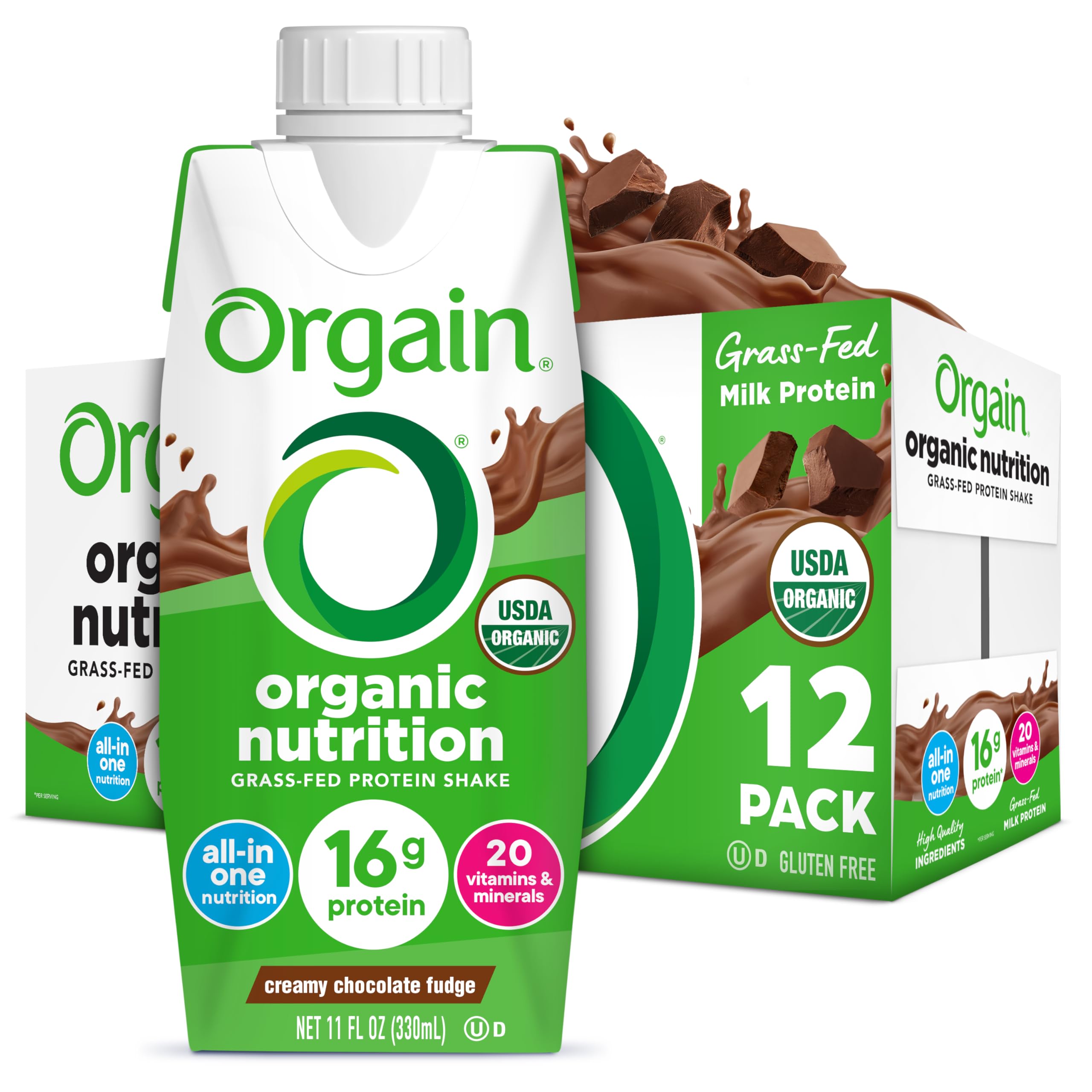 Orgain frontal del envase mostrando sabor cremoso chocolate fudge y conveniencia