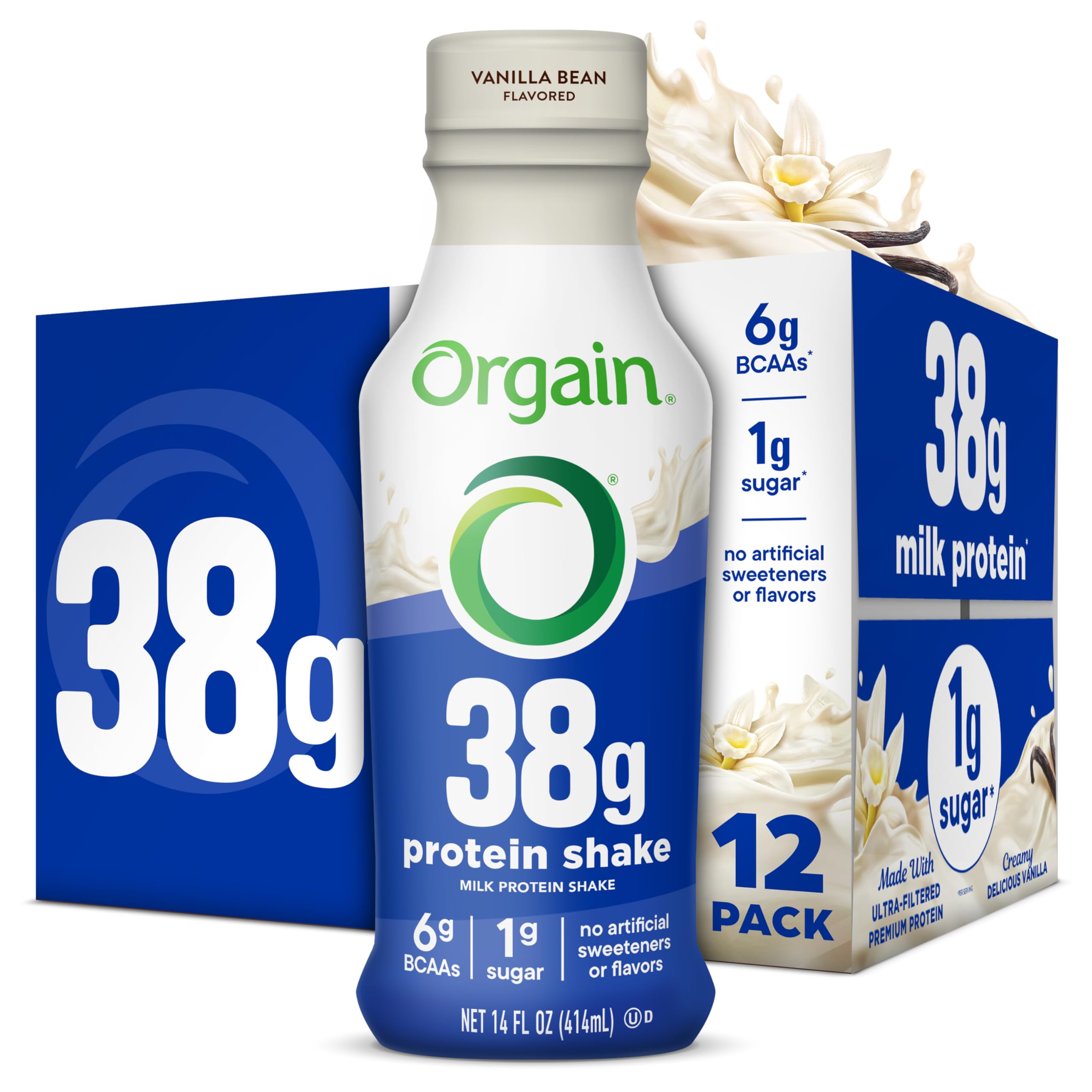 Orgain frontal del envase Vainilla mostrando información y beneficios