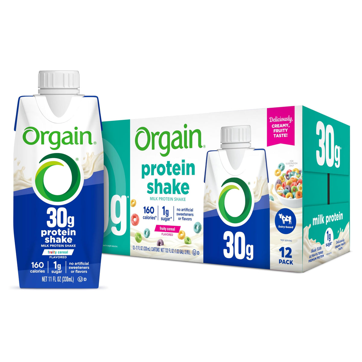 Orgain frontal del envase mostrando 30 g de proteína y sabor Fruity Cereal