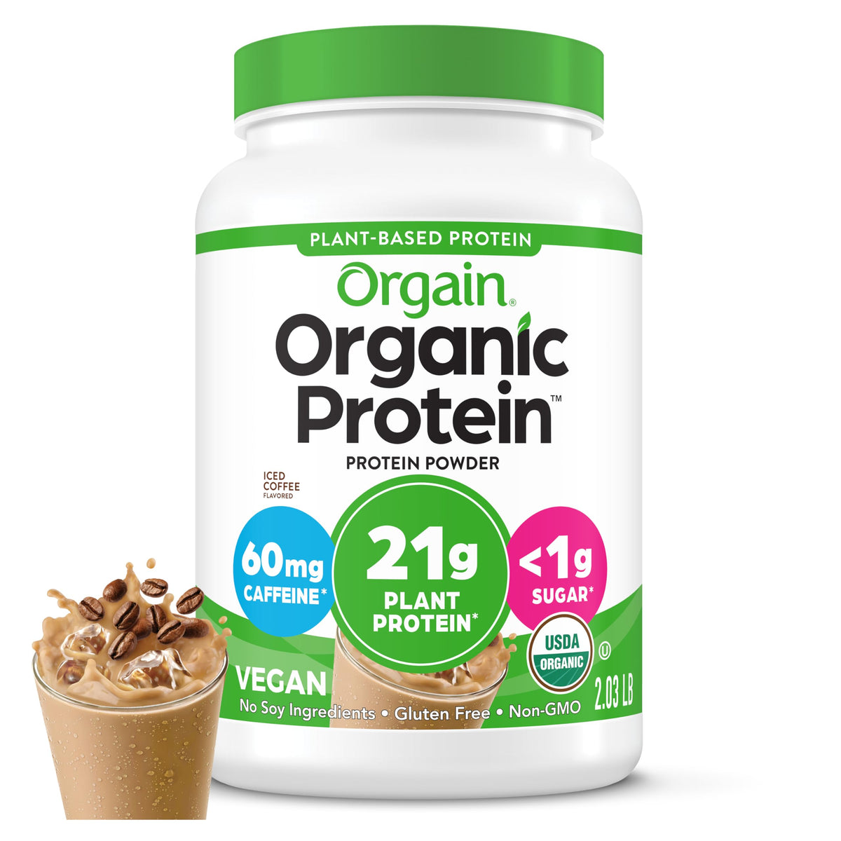 Orgain envase frontal mostrando etiqueta y beneficios claros
