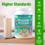 Orgain primeros planos de guisantes, arroz integral y semillas de chía nutritivas