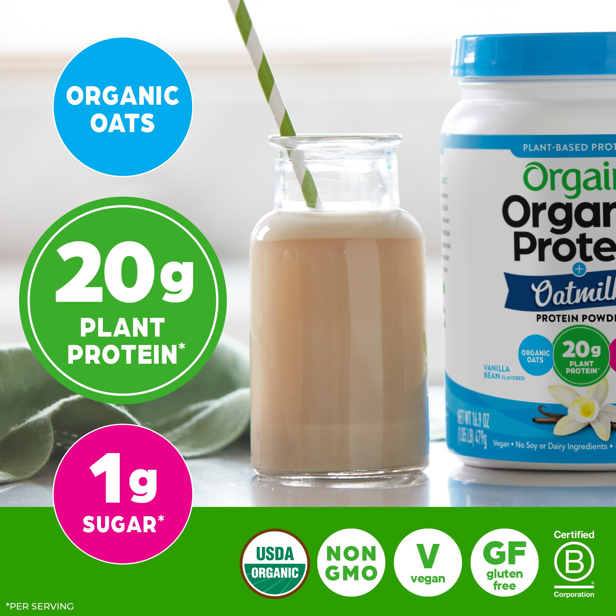 Orgain ingredientes: guisante, arroz integral y chía para proteína completa