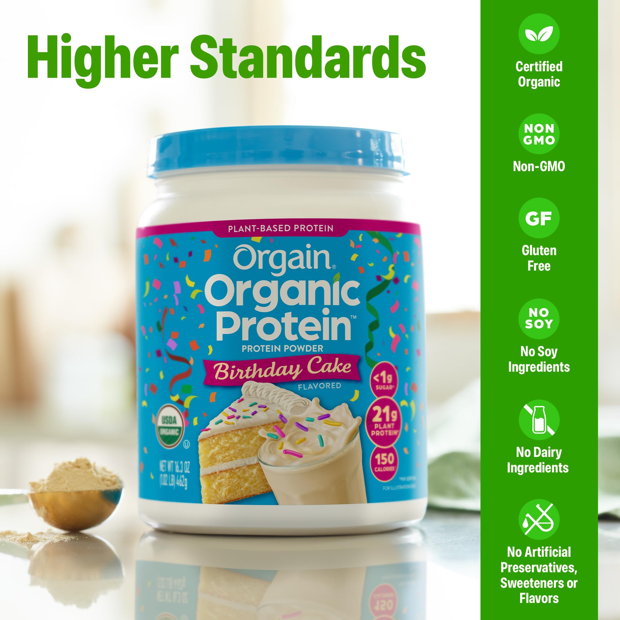 Orgain ingredientes vegetales: guisante, arroz integral, mungo y chía para proteína completa