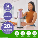 Orgain medida y cuchara porción indicando 20 g por servicio para control de dosis
