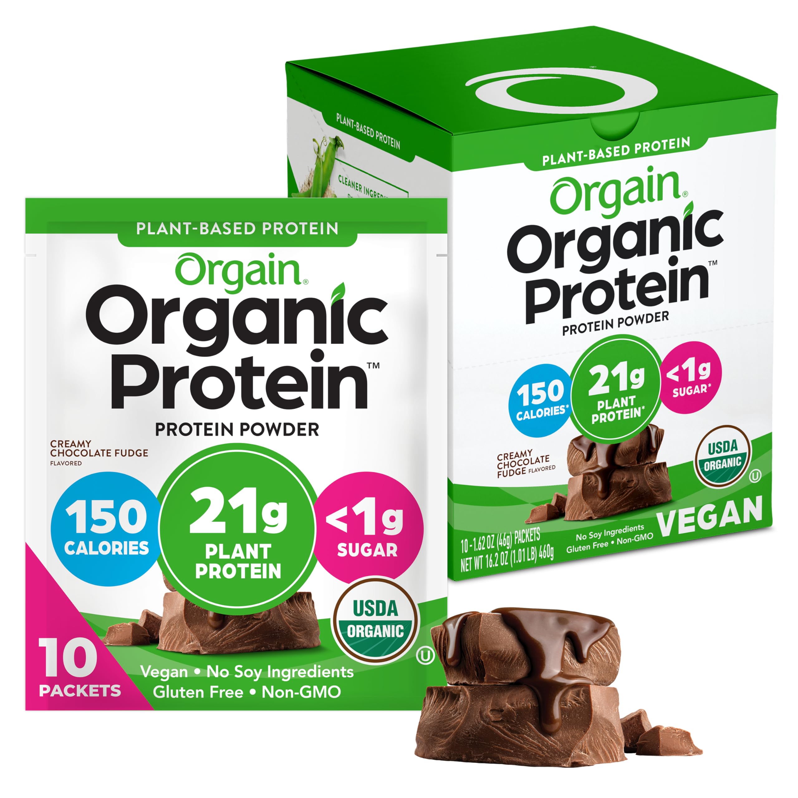 Orgain empaque frontal Chocolate Fudge mostrando sabor y conveniencia
