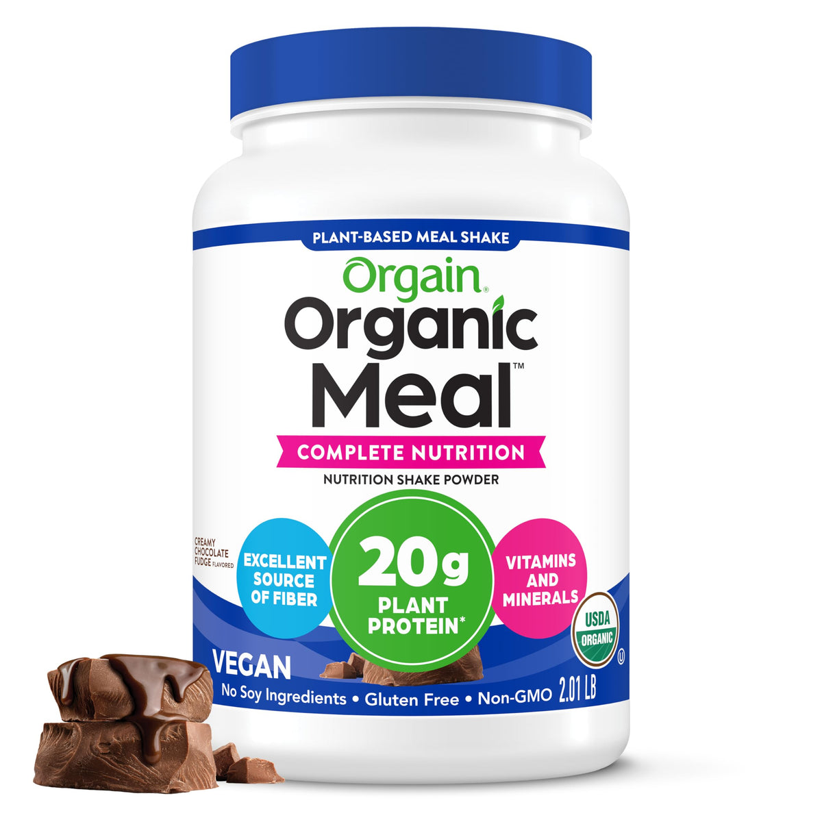 Orgain envase frontal Chocolate Fudge mostrando etiqueta y beneficio nutricional