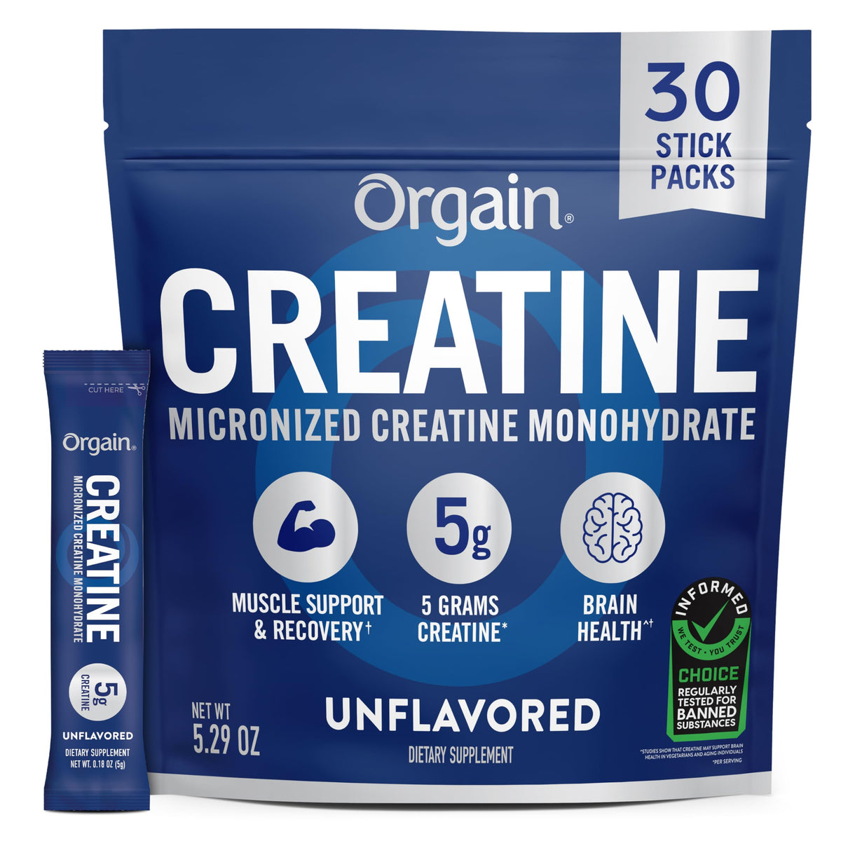 Orgain envase frontal mostrando 30 sobres, práctico y portátil