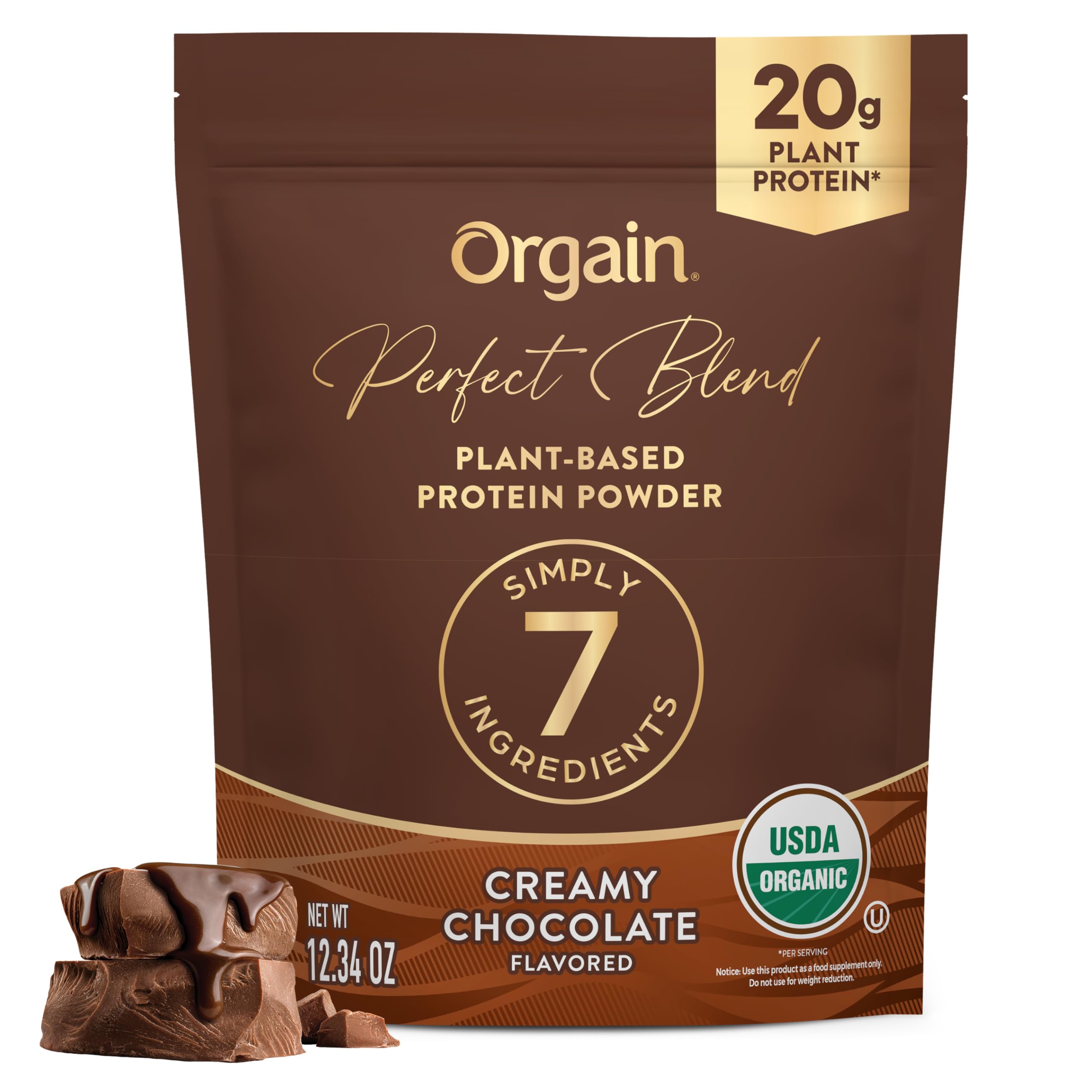 Orgain envase frontal Perfect Blend mostrando etiqueta y beneficio proteína limpia