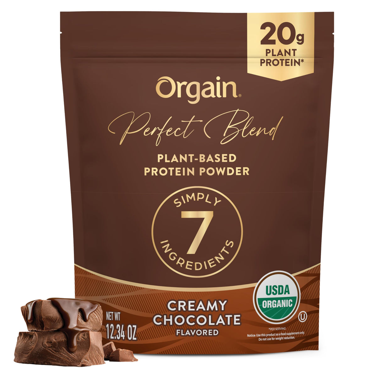 Orgain envase frontal Perfect Blend mostrando etiqueta y beneficio proteína limpia