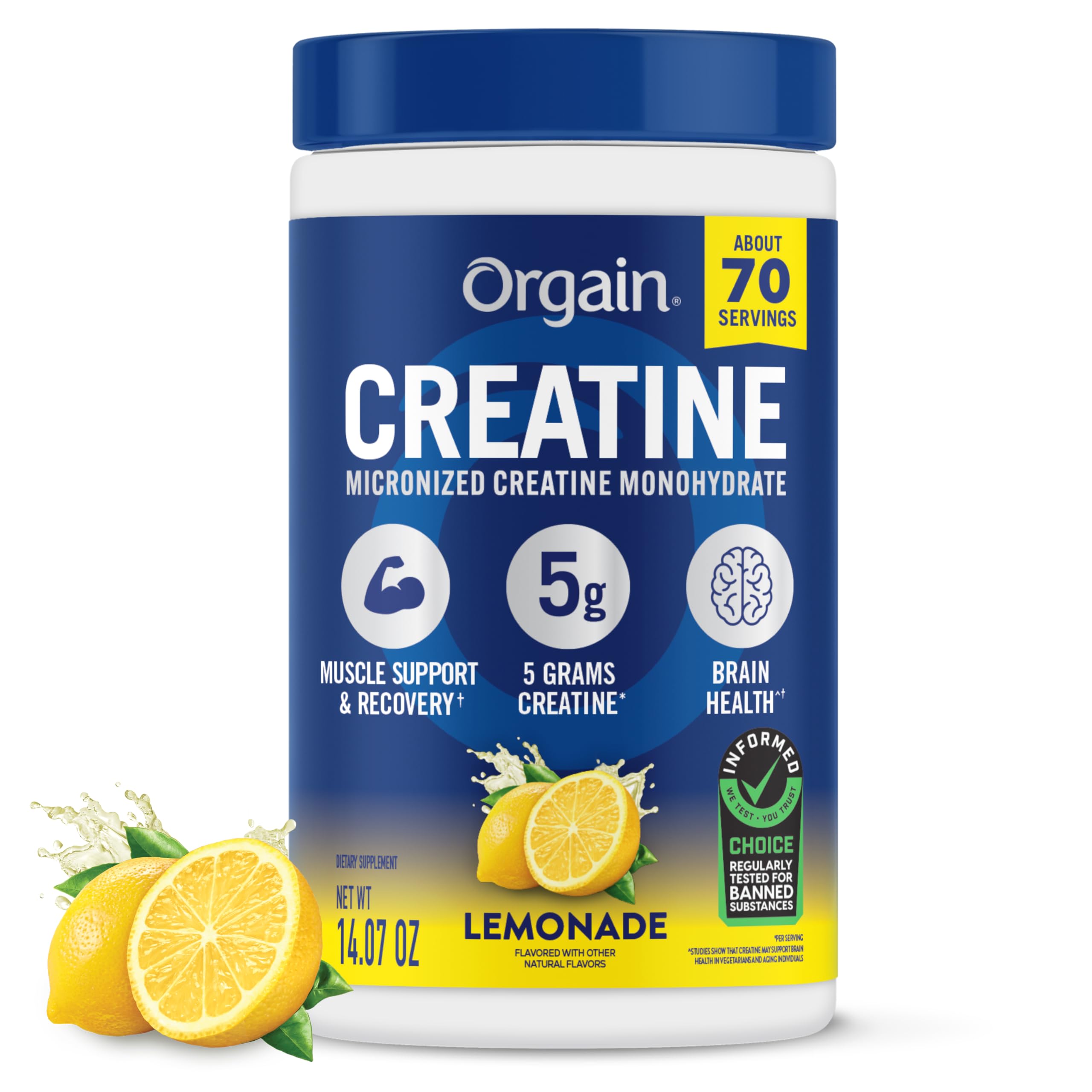 Orgain envase frontal mostrando creatina limonada y beneficios claros