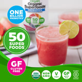 Orgain vaso preparado con polvo Berry, bebida lista y refrescante