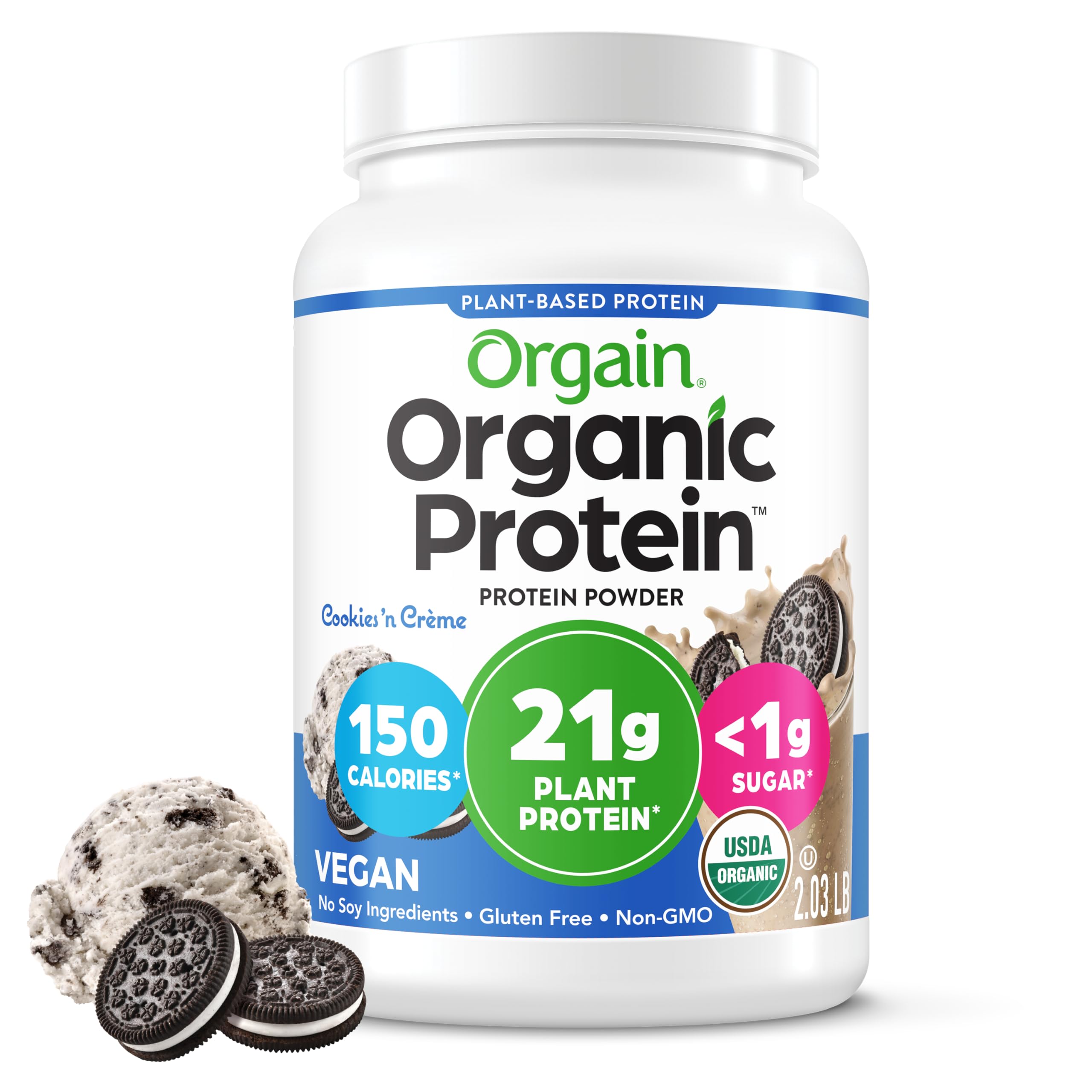 Orgain envase frontal cookies & cream mostrando la marca y beneficios
