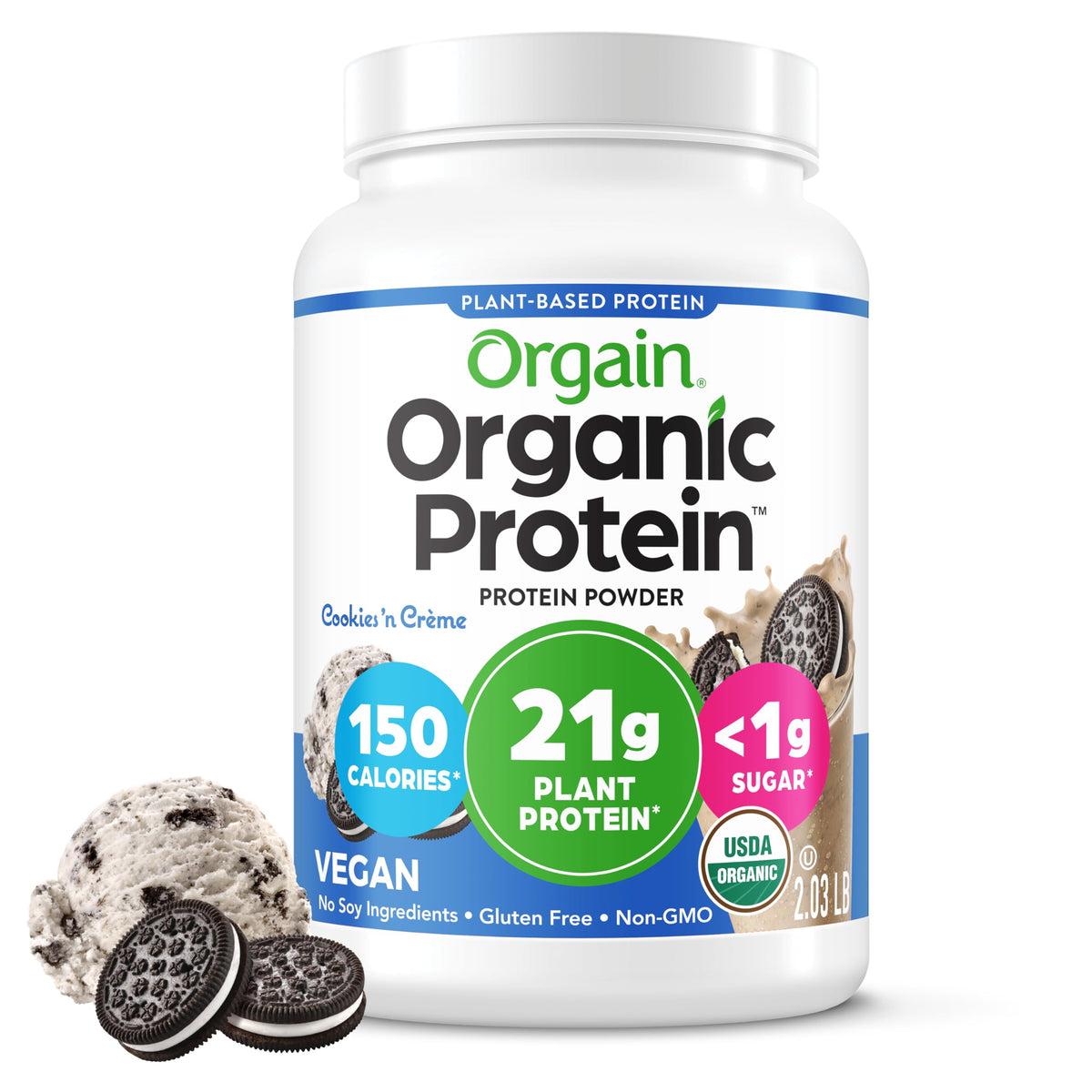 Orgain envase frontal cookies & cream mostrando la marca y beneficios