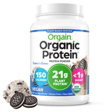 Orgain envase frontal cookies & cream mostrando la marca y beneficios