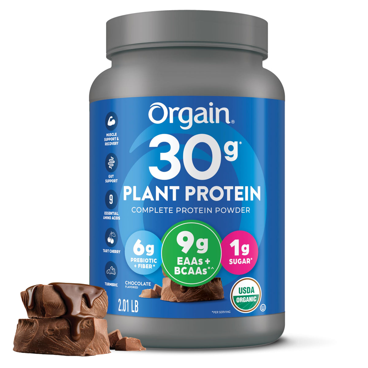 Orgain envase frontal chocolate mostrando la marca y beneficio nutricional
