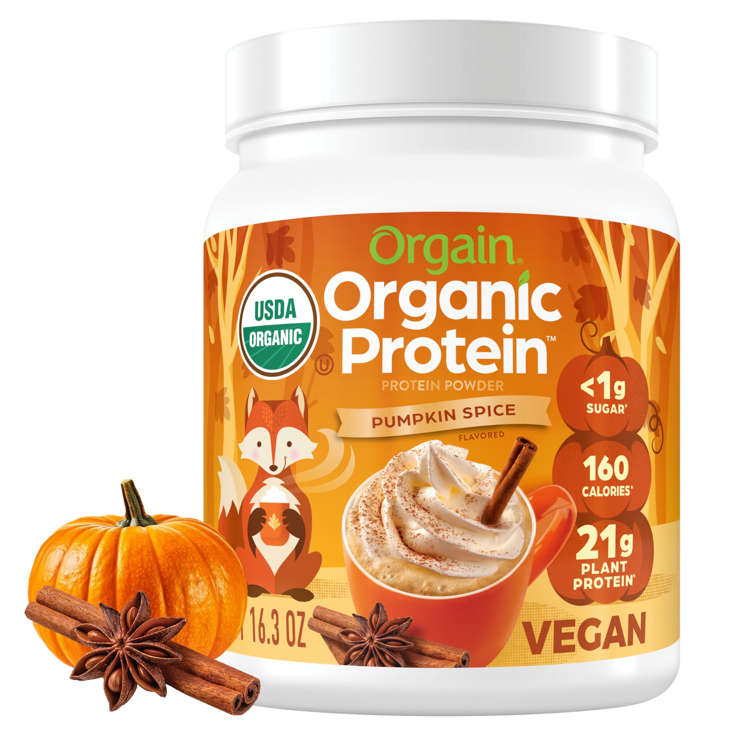 Orgain empaque frontal Pumpkin Spice mostrando información de proteínas y orgánico