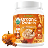 Orgain empaque frontal Pumpkin Spice mostrando información de proteínas y orgánico