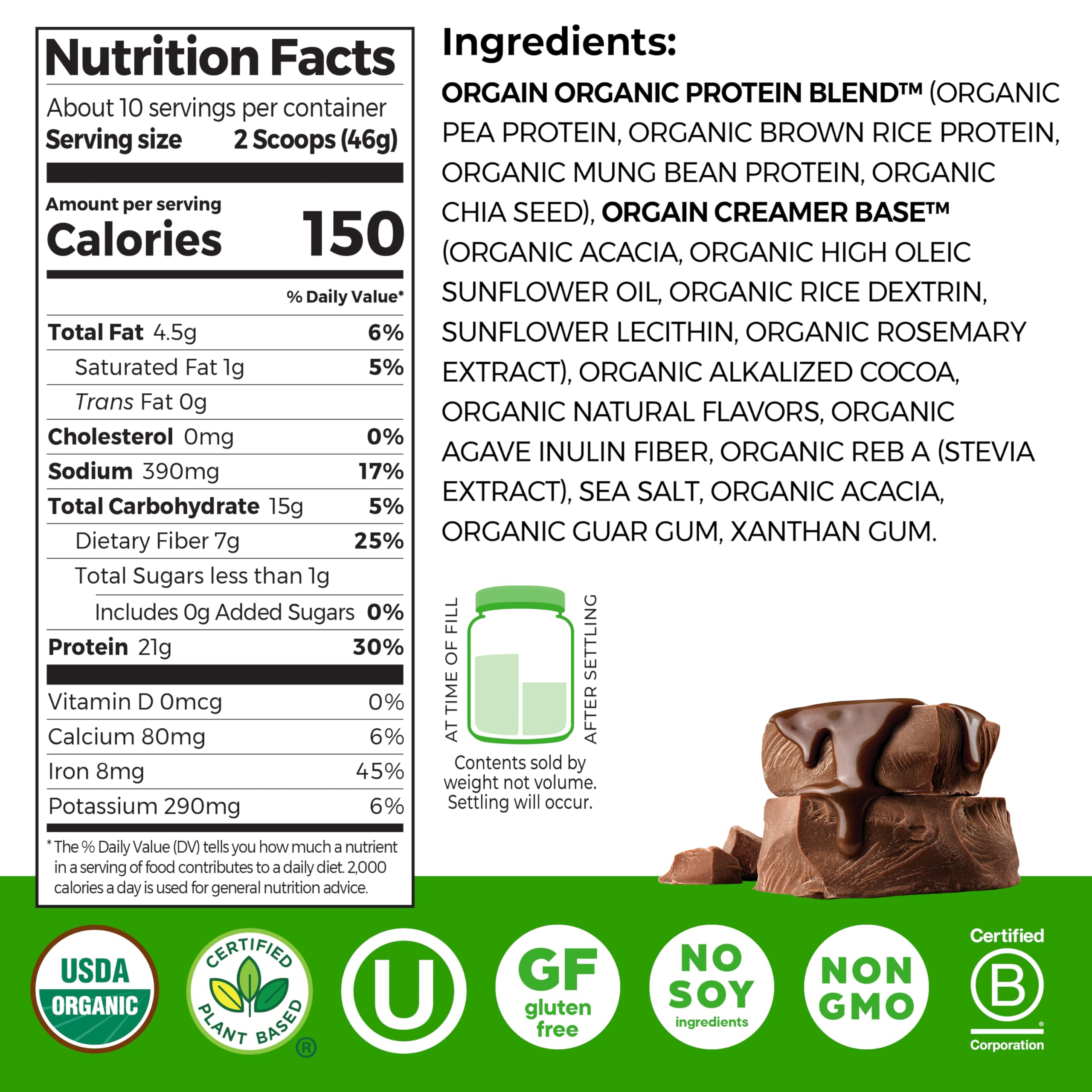 Orgain polvo cacao textura fina beneficiosa para mezclas suaves