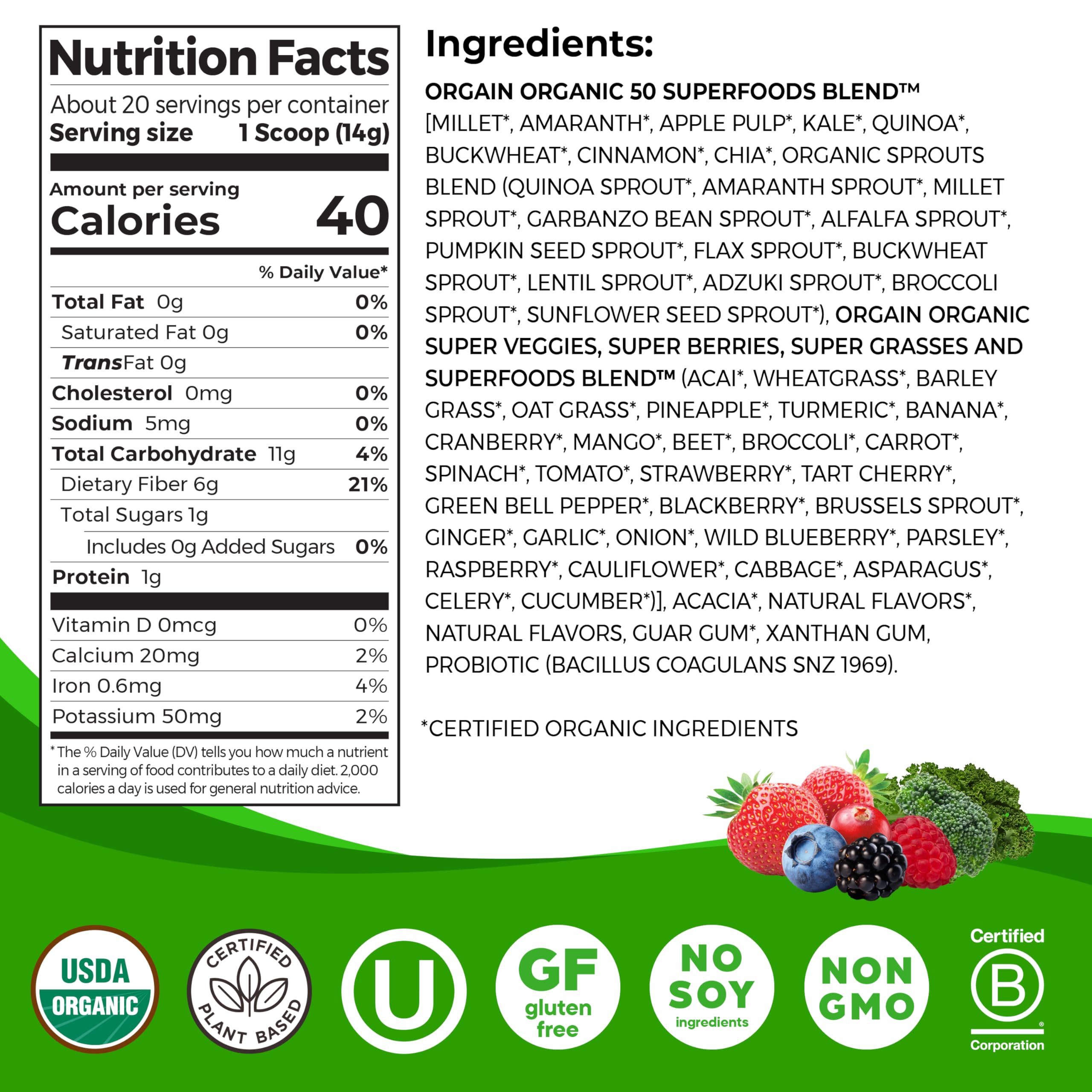 Orgain primer plano de la textura del polvo Berry, mezcla homogénea y natural