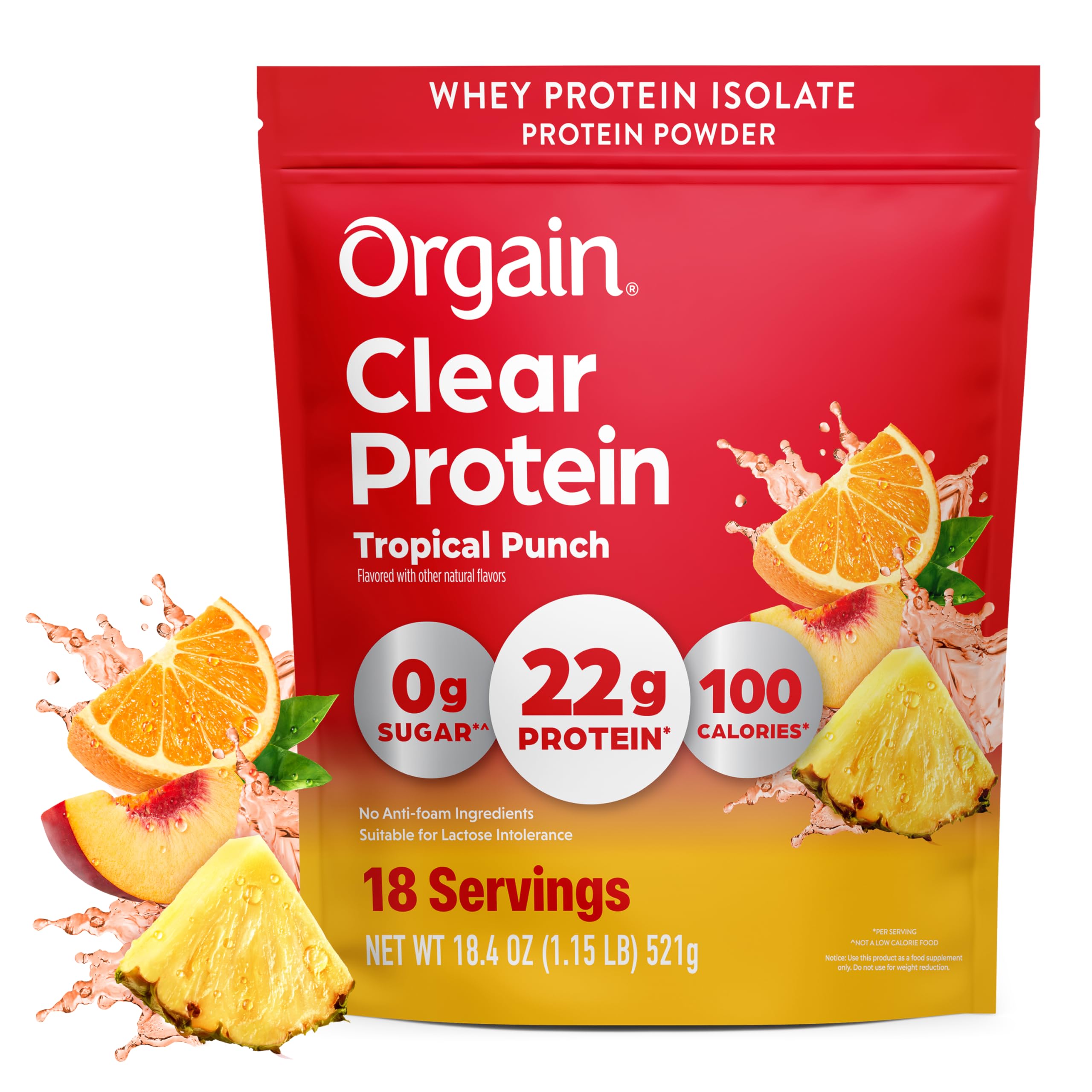 Orgain envase frontal Tropical Punch mostrando marca y beneficio proteico