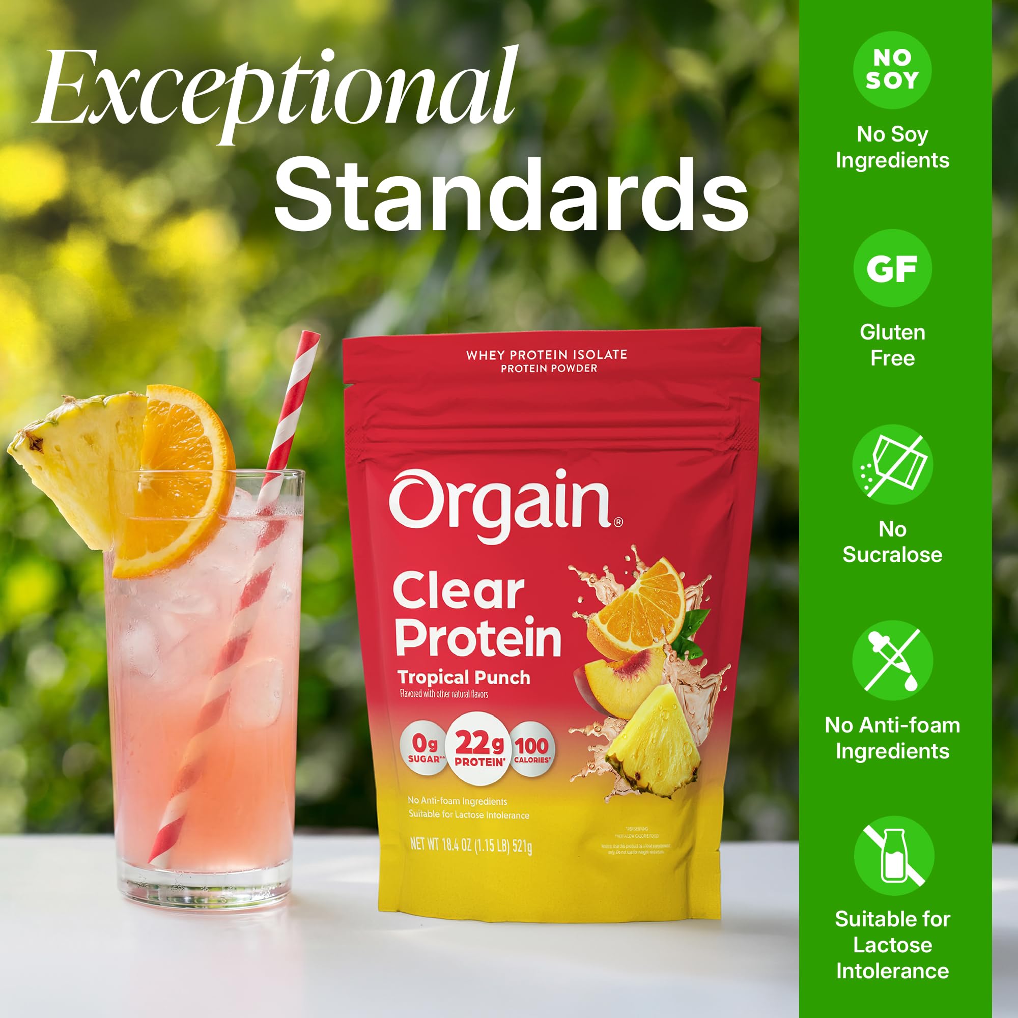 Etiqueta de Orgain Tropical Punch mostrando ingredientes y sin soja