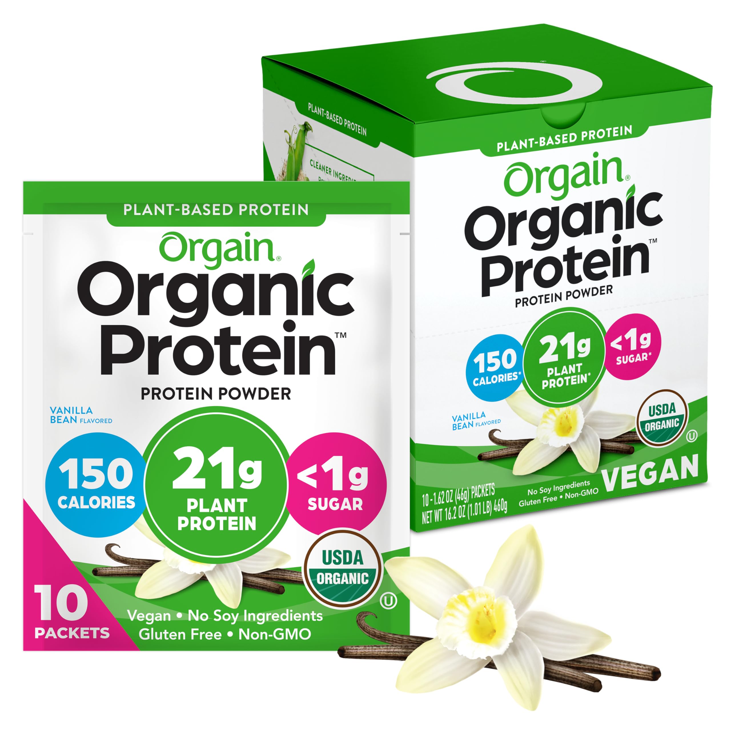 Orgain empaque frontal mostrando sobres individuales y marca beneficiaria