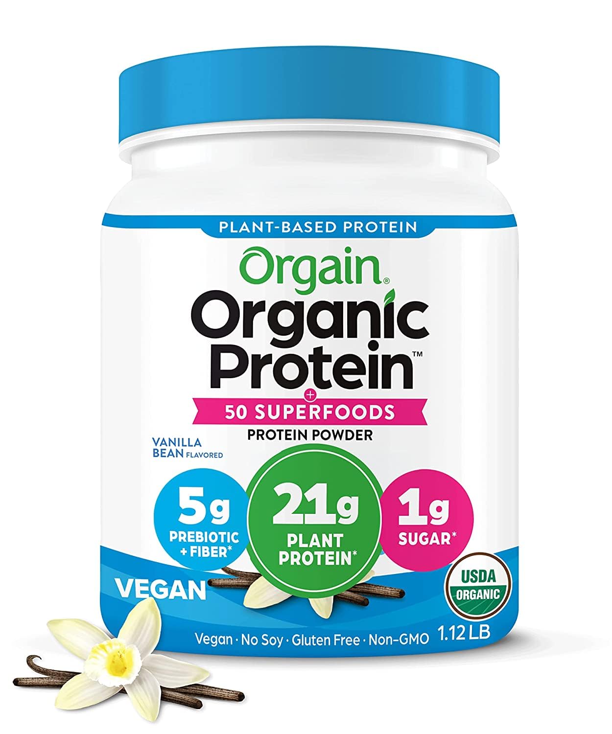 Orgain empaque vainilla mostrando diseño y beneficio nutritivo