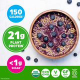Orgain envase junto a manzana para comparar tamaño y porciones