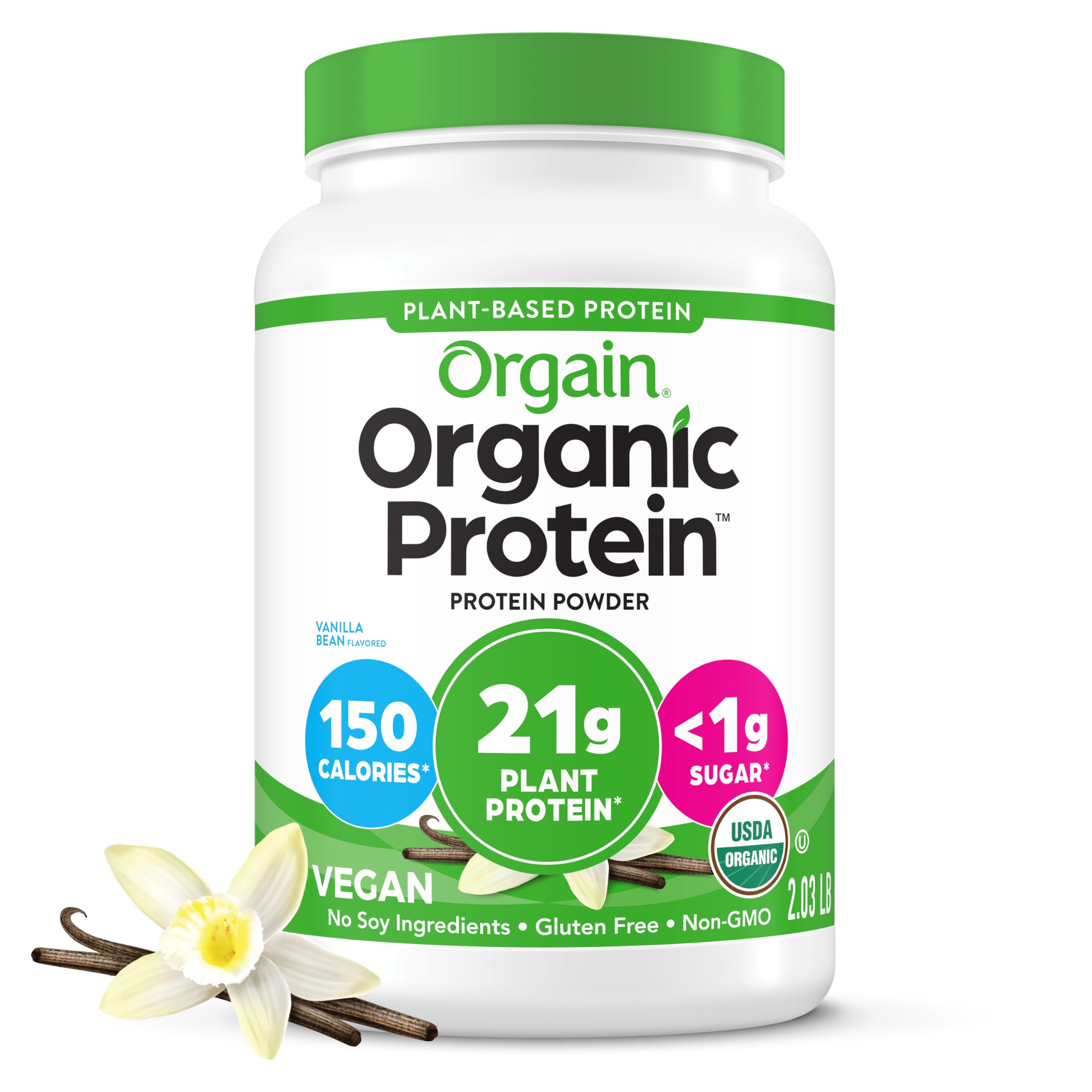 Orgain envase frontal Vainilla con etiqueta clara y beneficios visibles