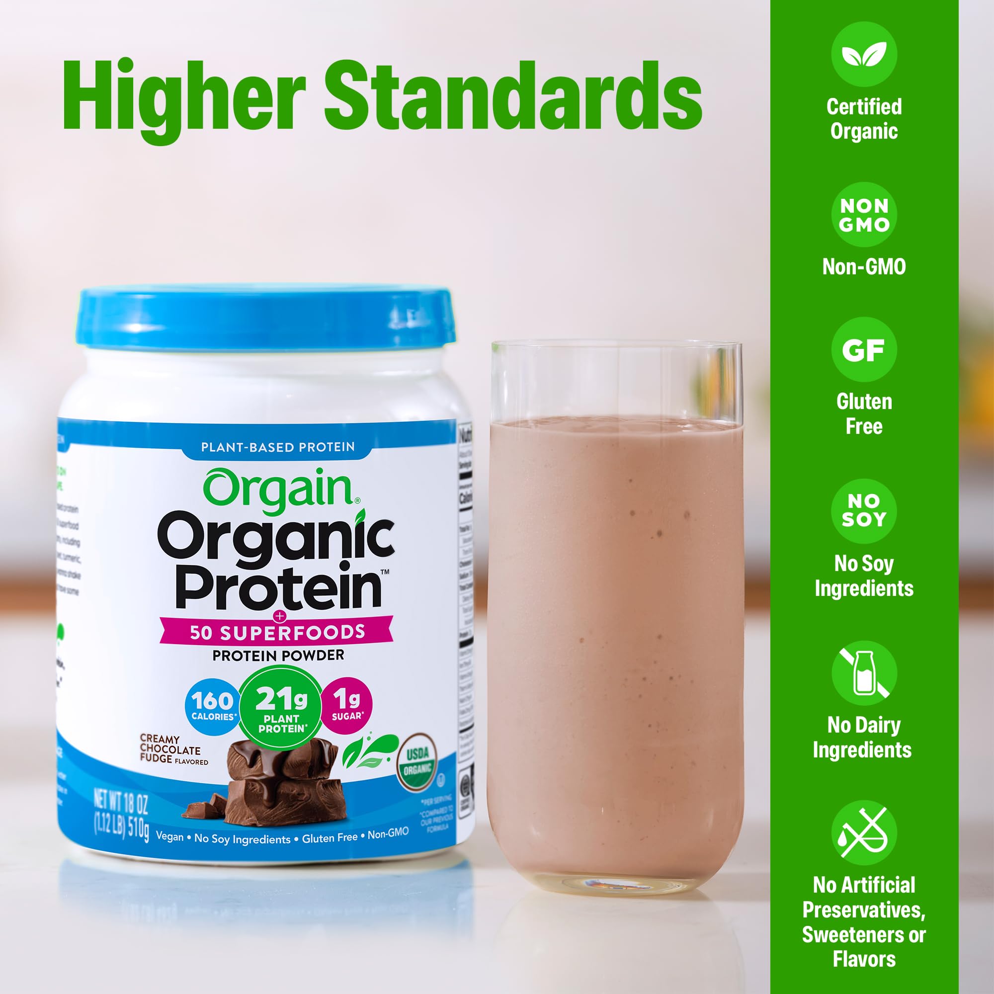 Vaso con batido hecho con Orgain Chocolate Fudge mostrando consistencia cremosa y sabor listo para beber