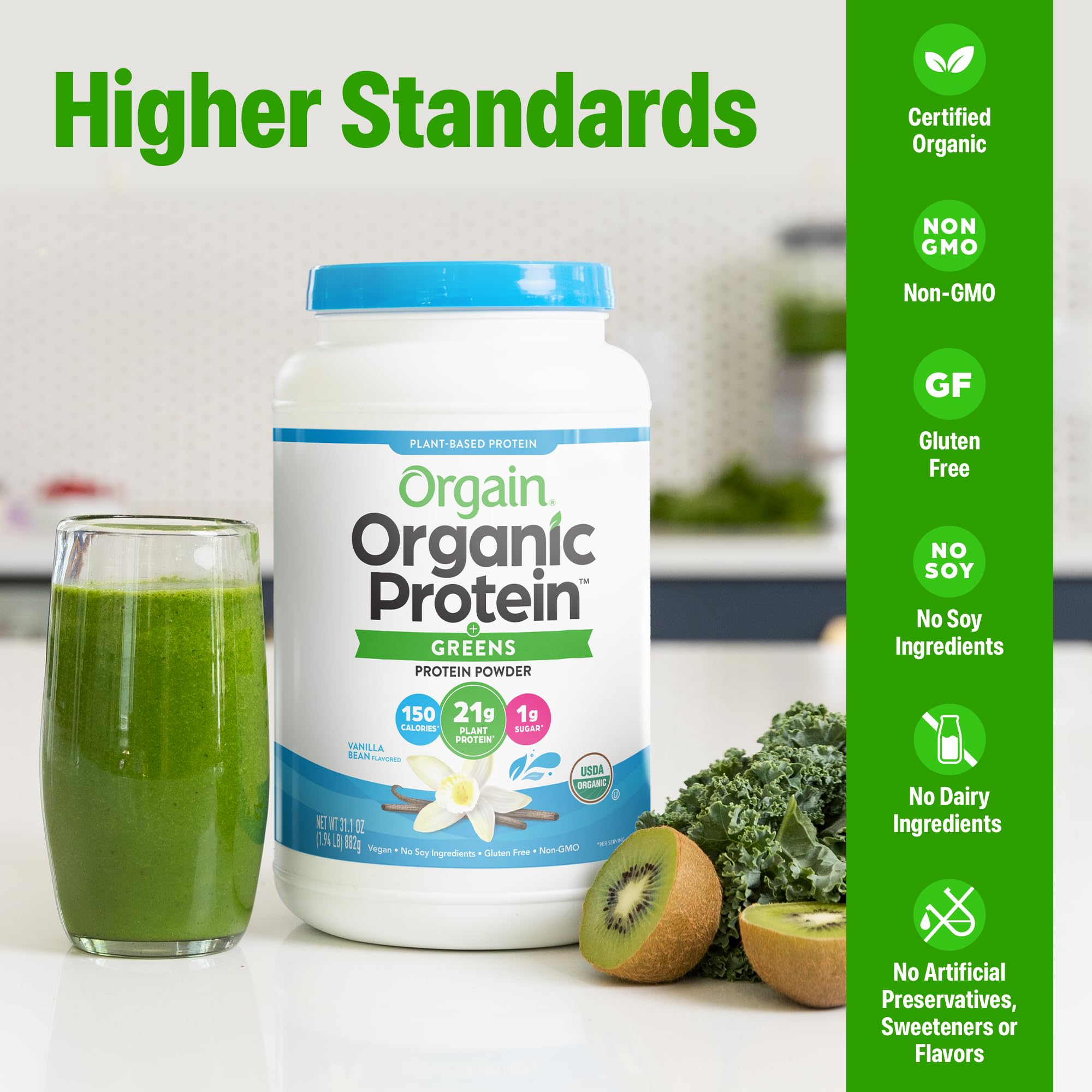 Orgain vaso con batido de vainilla listo para beber y energía matutina limpia