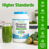 Orgain vaso con batido de vainilla listo para beber y energía matutina limpia