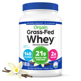 Envase Orgain Whey Vanilla Bean mostrando la etiqueta frente, ideal para elegir proteína limpia