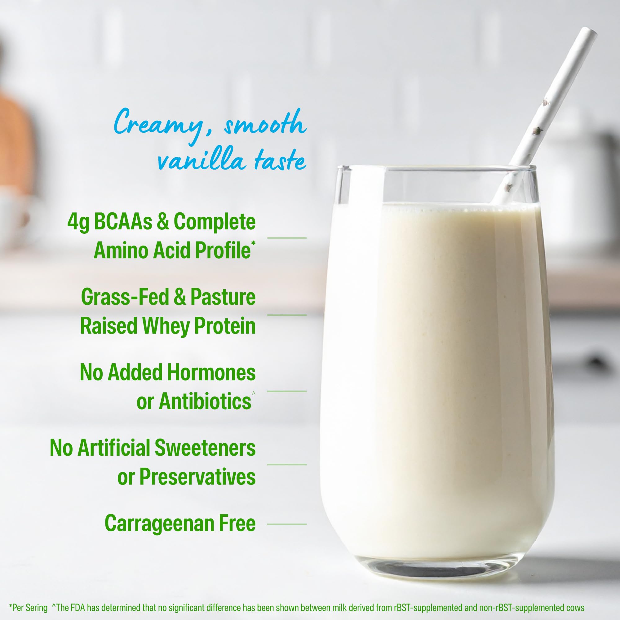 Cuchara medidora y etiqueta nutricional Orgain Whey Vanilla Bean con macros claros