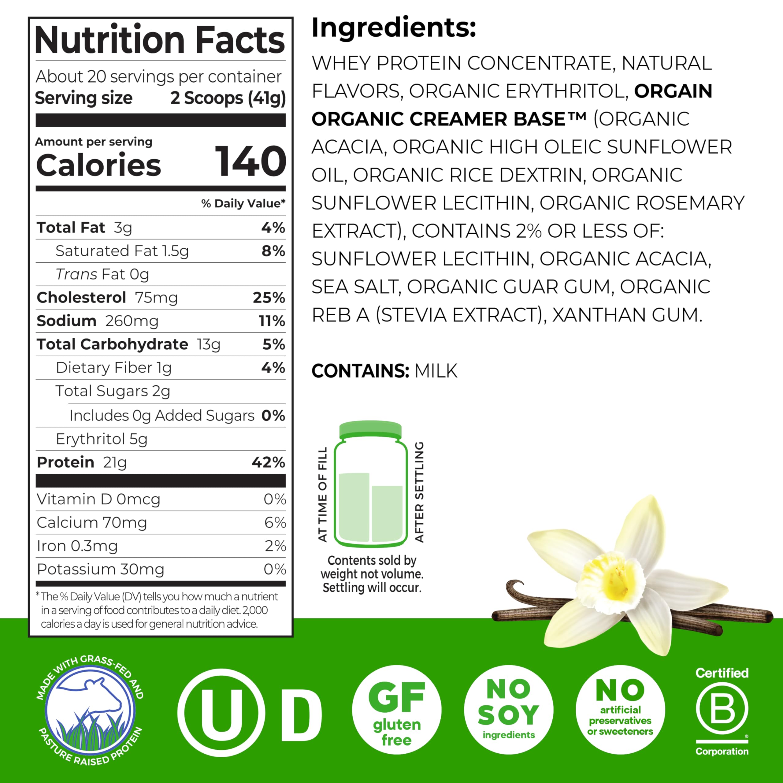 Detalle del polvo Orgain Whey Vanilla Bean mostrando textura fina y fácil disolución