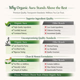 Organic Aura bote rodeado de frutos frescos muestra origen natural