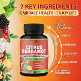 Organic Cadane cápsulas junto a bergamota y ajo mostrando ingredientes naturales