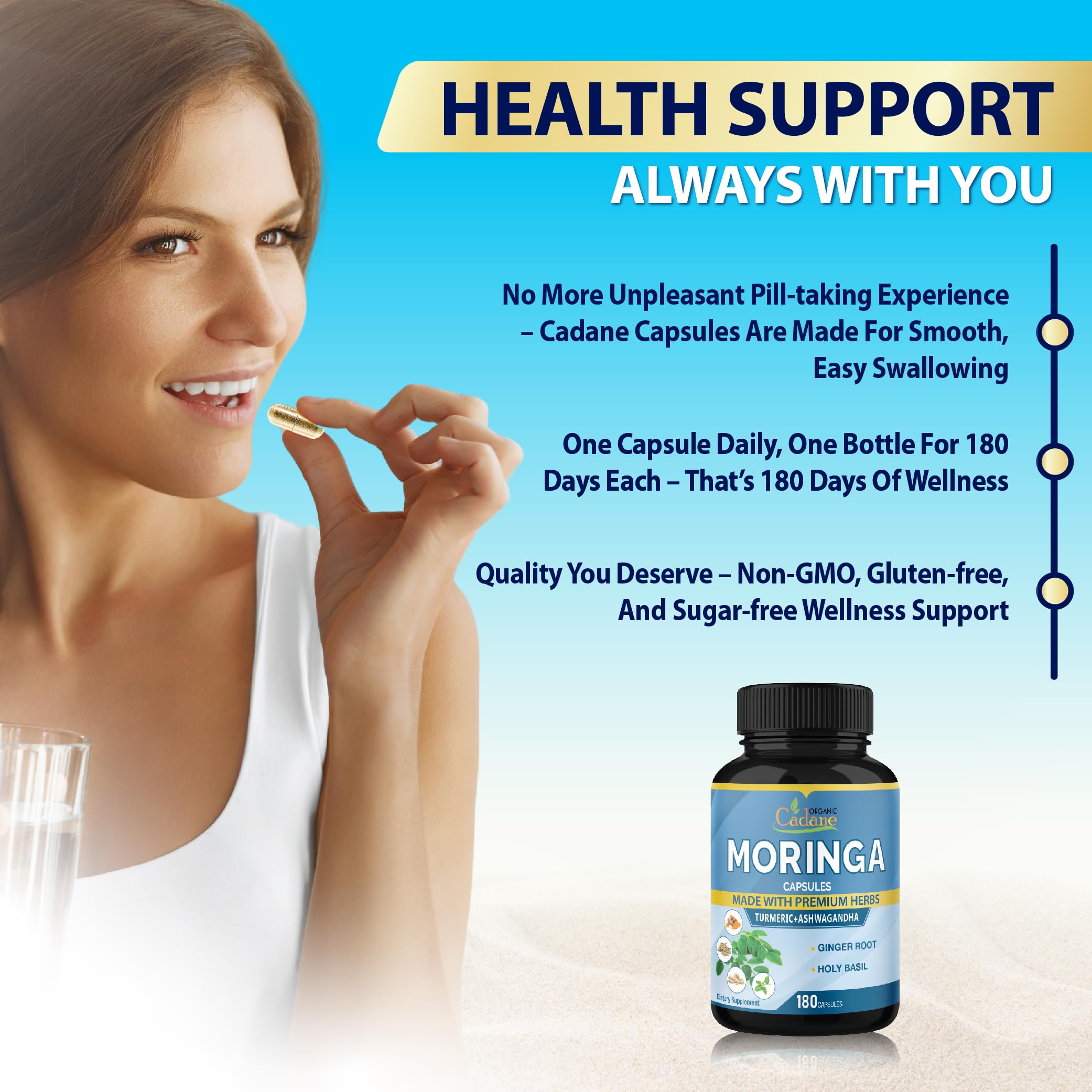 Organic Cadane mezcla de Moringa, cúrcuma, jengibre y Ashwagandha como ingredientes visibles