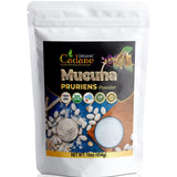 Organic Cadane envase frontal de Mucuna Pruriens en polvo mostrando marca y tamaño