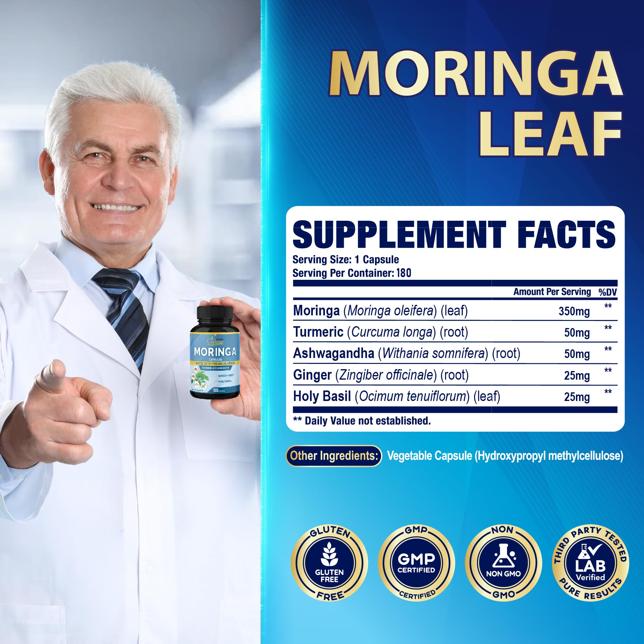 Organic Cadane detalle del polvo de Moringa enfatizando pureza y origen botánico