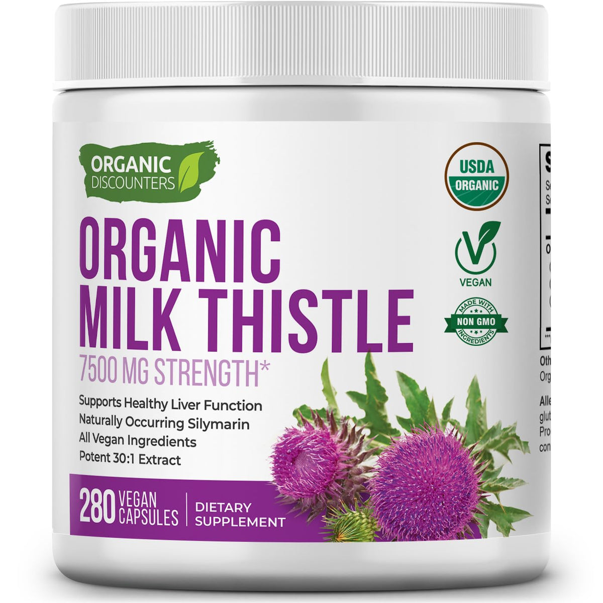 Organic Discounters frente del frasco mostrando 280 cápsulas y valor