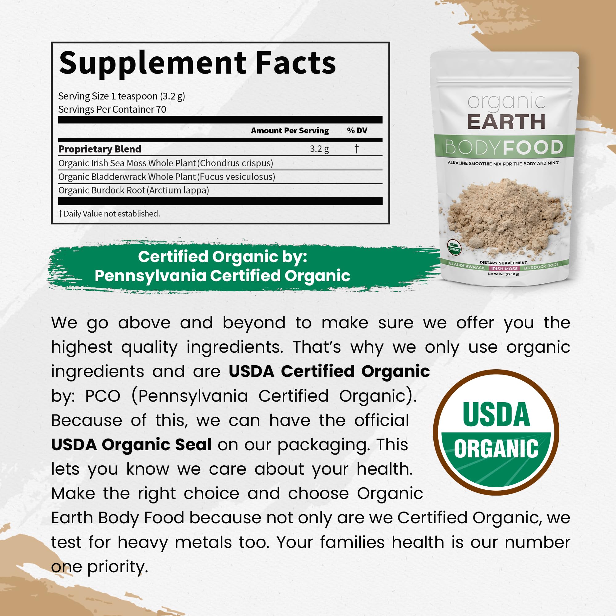 Organic Earth detalle de etiqueta con ingredientes y certificación USDA Organic