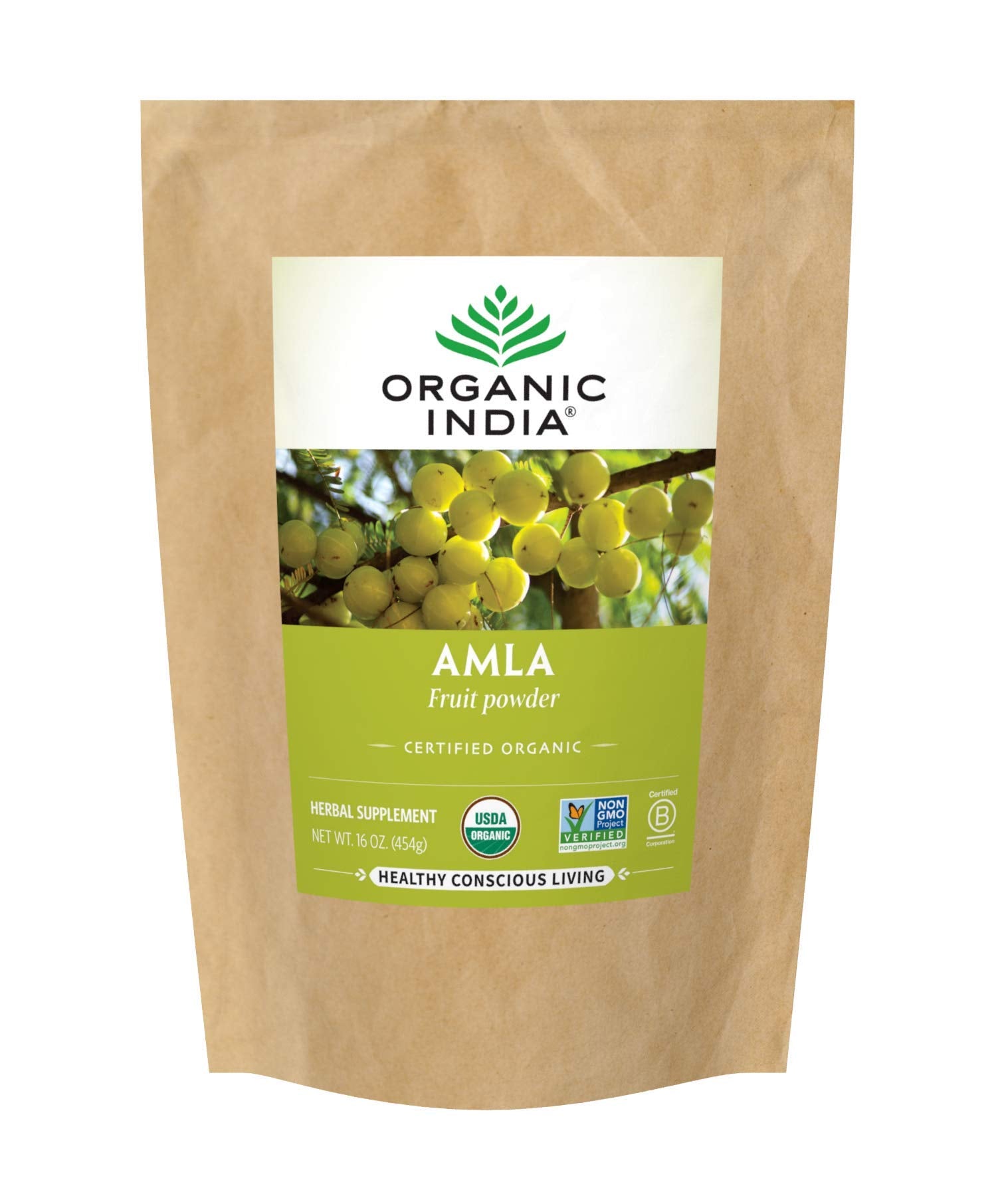 ORGANIC INDIA envase frontal de Amla Powder mostrando diseño y tamaño práctico