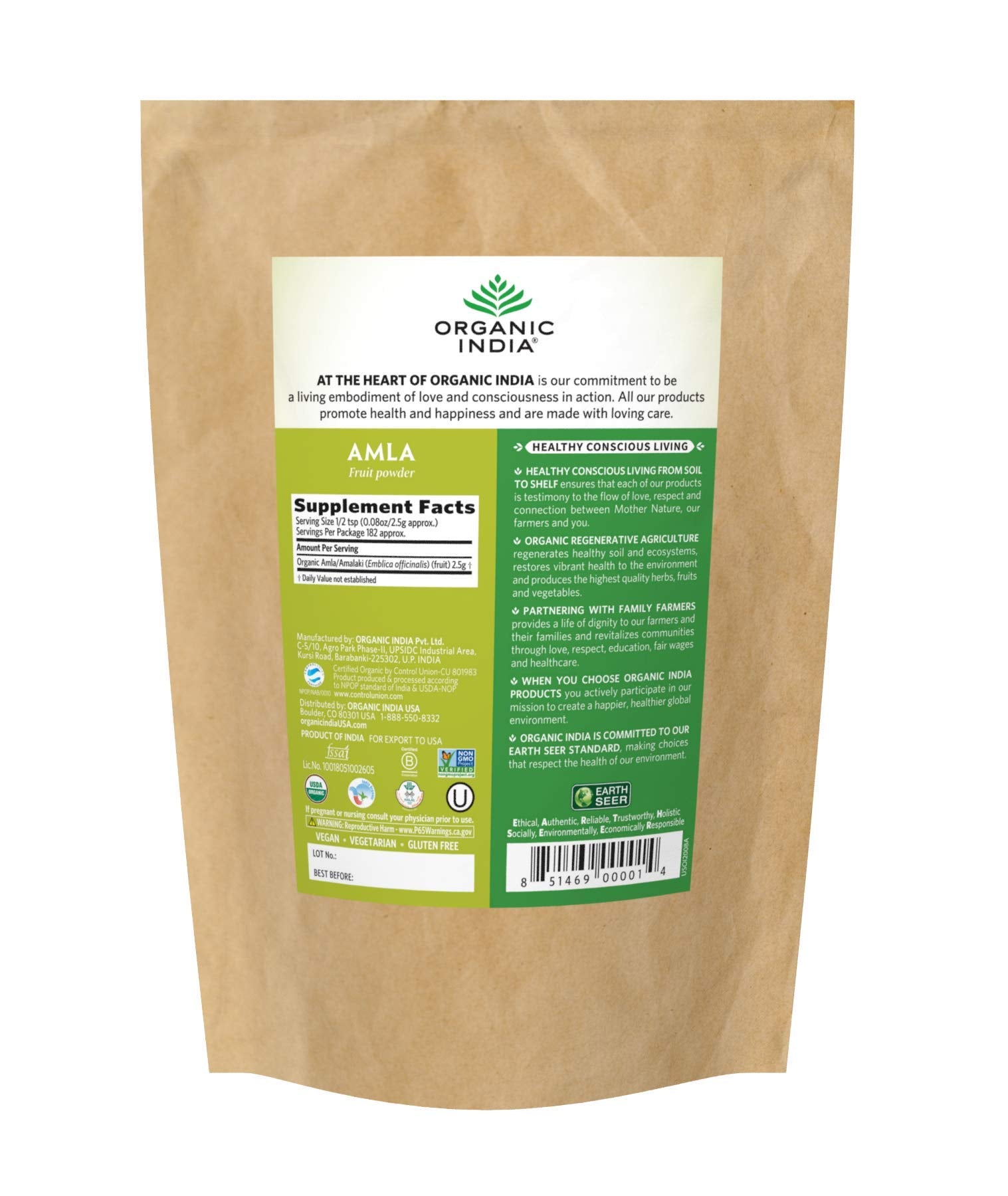 Detalle de la textura fina del polvo de Amla de ORGANIC INDIA, ideal para mezclar