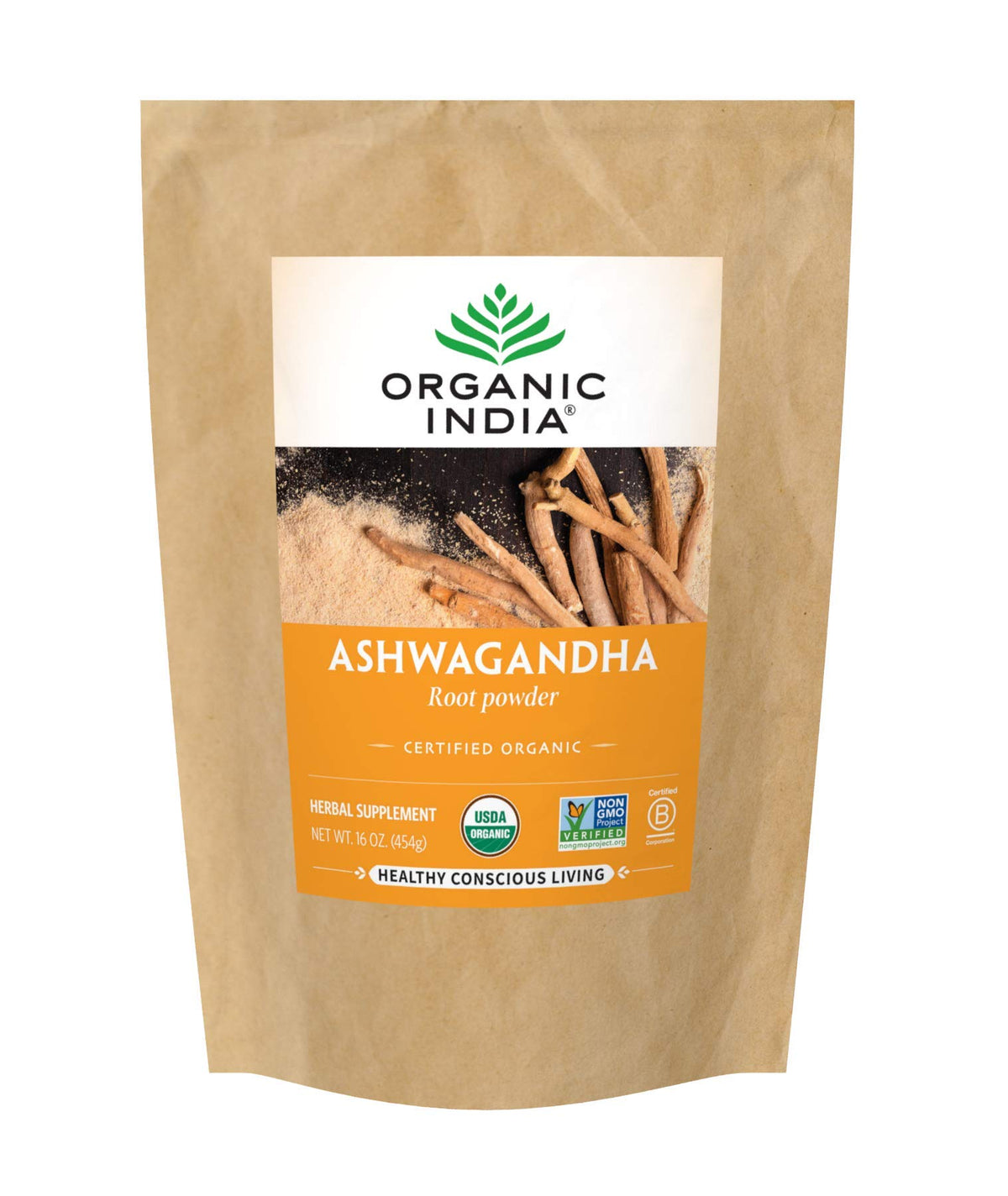 ORGANIC INDIA empaque frontal que muestra bolsa de 1 lb y beneficios